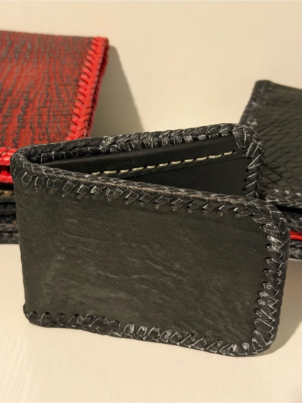 Hand-stitched Black Leather Money Clip Wallet